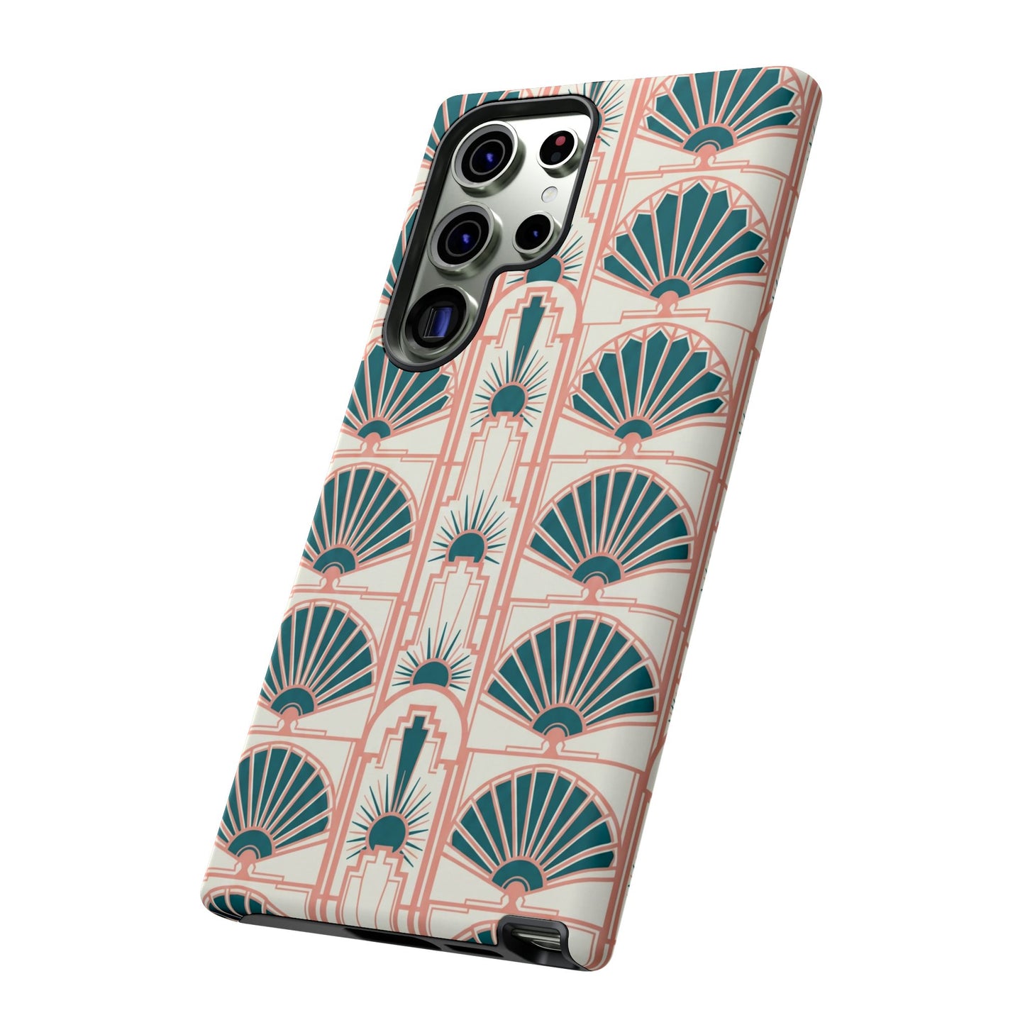 Art Deco Fan Pattern Tough Phone Case — Teal & Blush Retro Protection