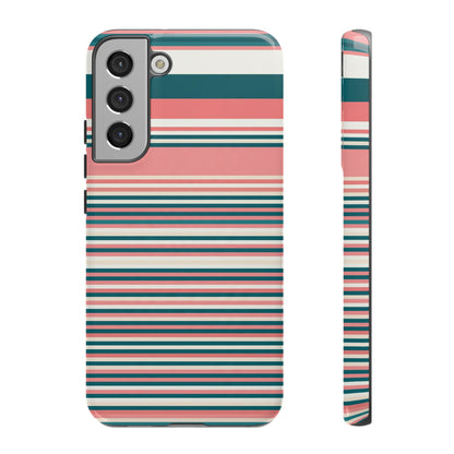Striped Tough Phone Case — Coral, Teal & White Protective Cover