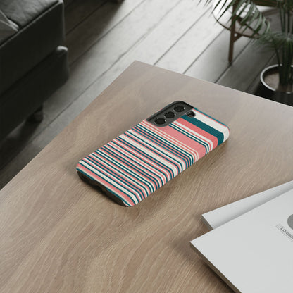 Striped Tough Phone Case — Coral, Teal & White Protective Cover