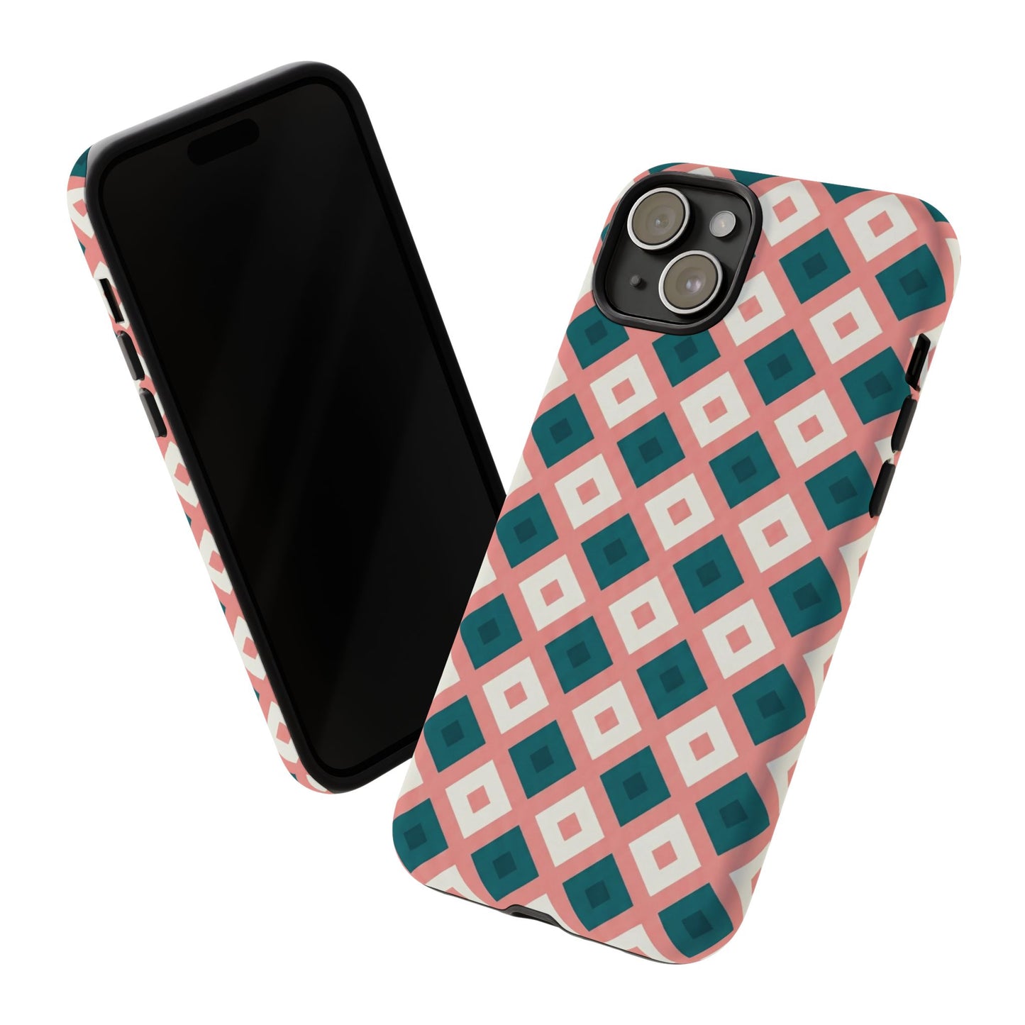 Geometric Diamond Pattern Tough Phone Case — Pink & Teal Protective Cover