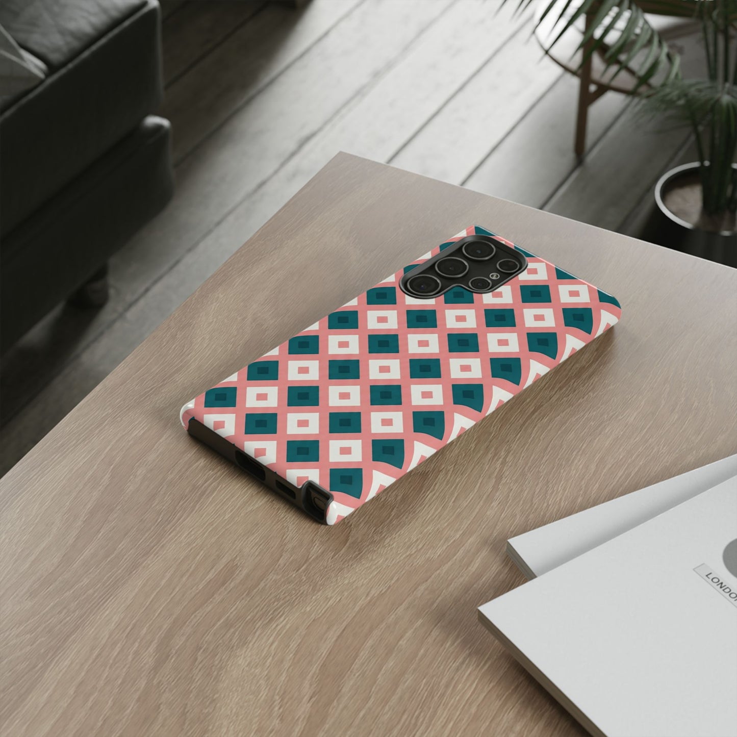 Geometric Diamond Pattern Tough Phone Case — Retro Pink & Teal Protective Cover