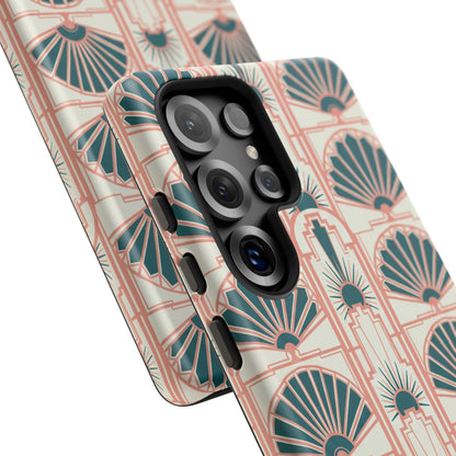 Art Deco Fan Pattern Tough Phone Case — Teal & Blush Retro Protection