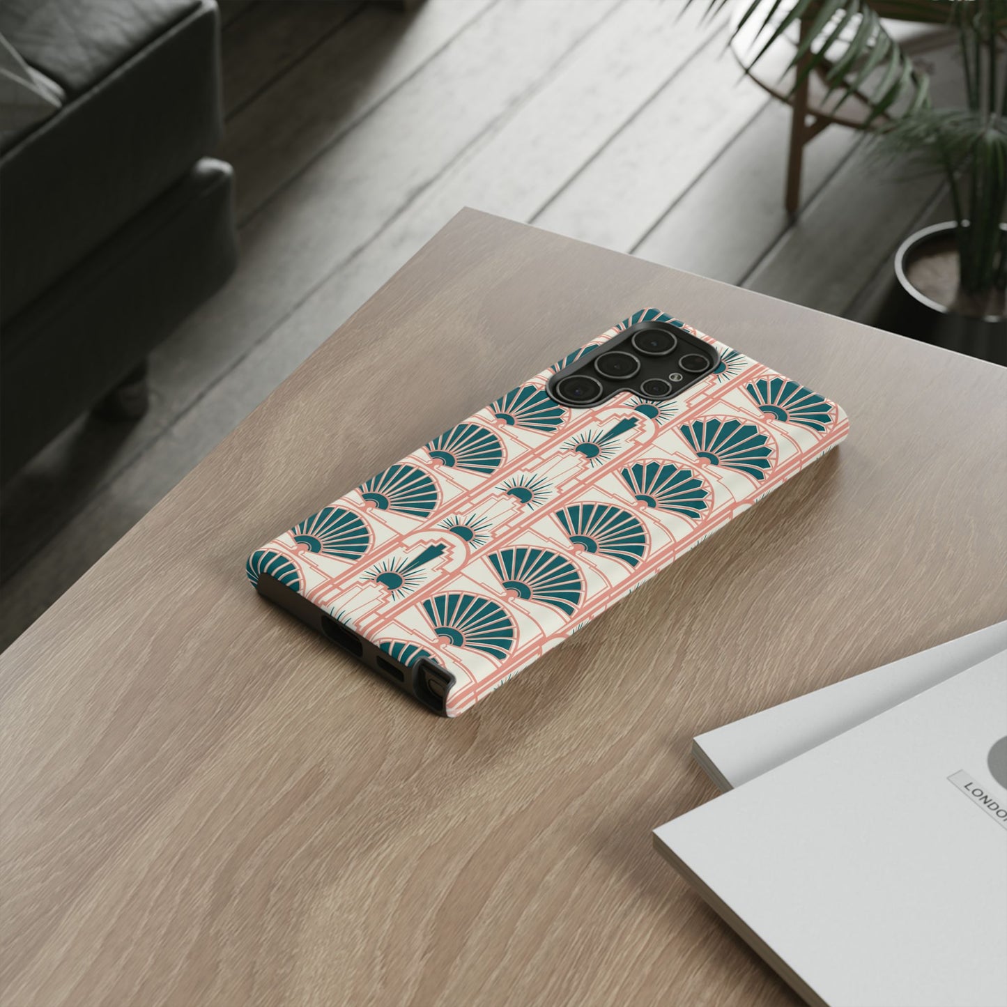 Art Deco Fan Pattern Tough Phone Case — Teal & Blush Retro Protection