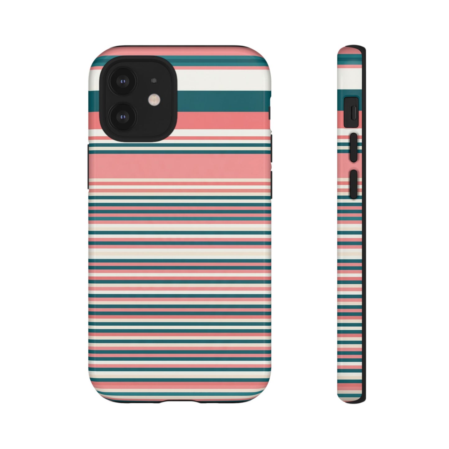 Striped Tough Phone Case — Coral, Teal & White Protective Cover