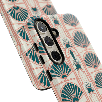 Art Deco Fan Pattern Tough Phone Case — Teal & Blush Retro Protection