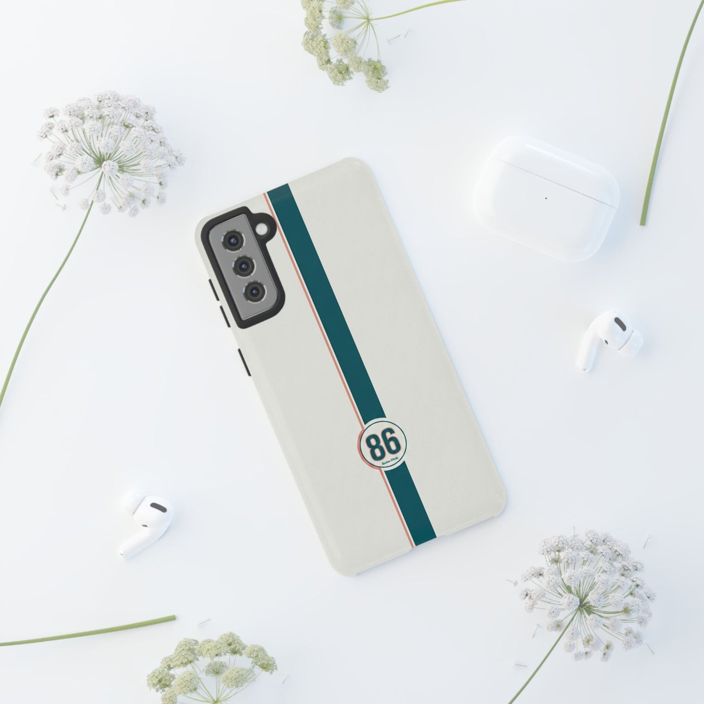 Racing Stripe Tough Phone Case — Retro White With '86 Circle Badge
