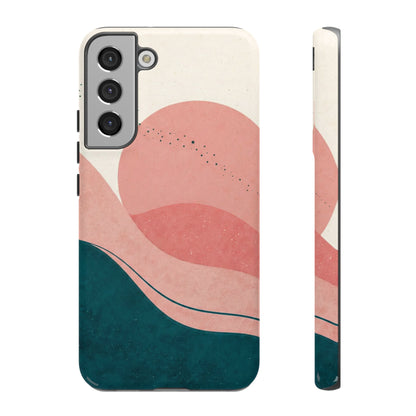 Abstract Sunset Waves Tough Phone Case — Pink & Teal Protective Cover