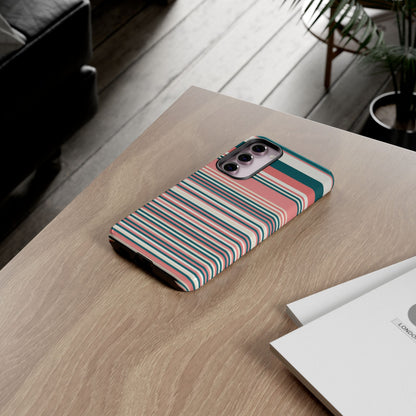 Striped Tough Phone Case — Coral, Teal & White Protective Cover