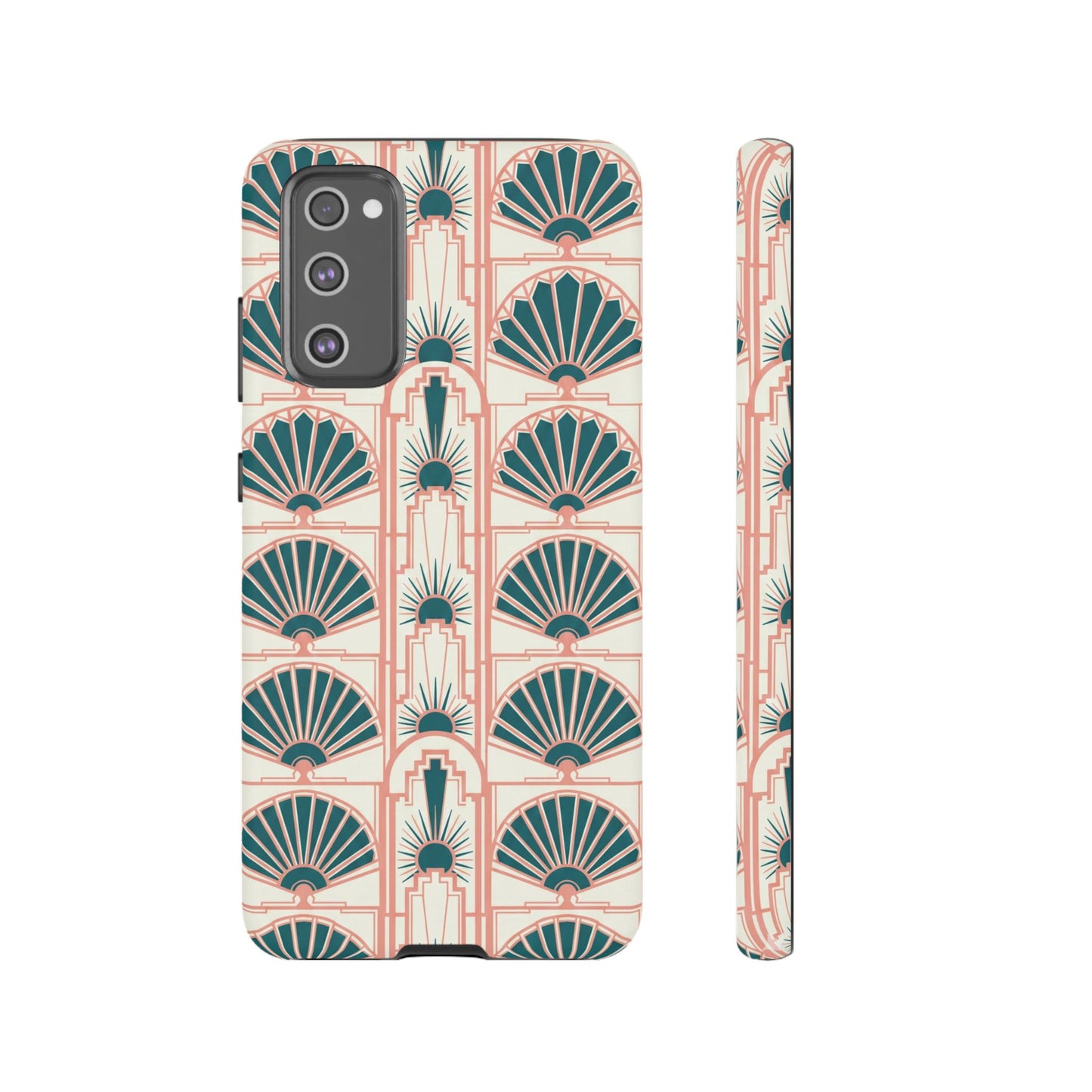 Art Deco Fan Pattern Tough Phone Case — Teal & Blush Retro Protection
