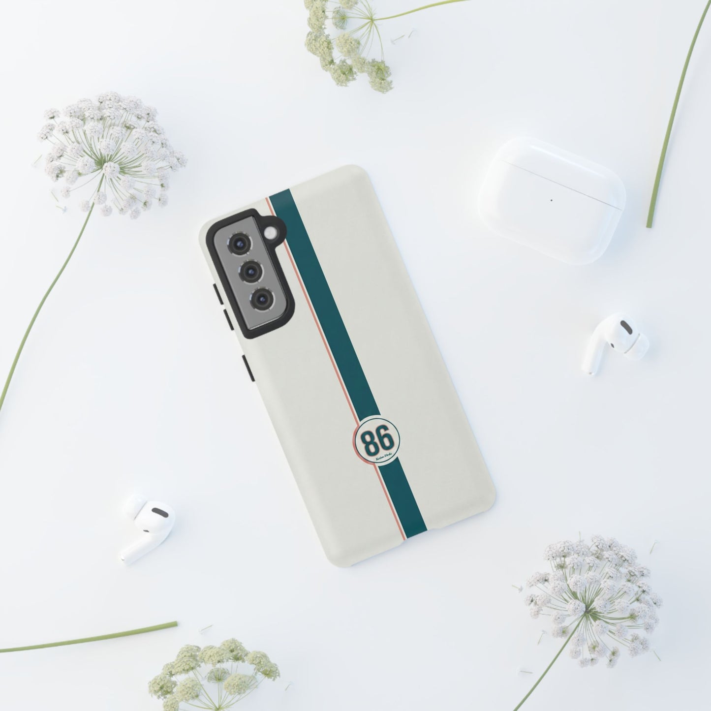 Racing Stripe Tough Phone Case — Retro White With '86 Circle Badge