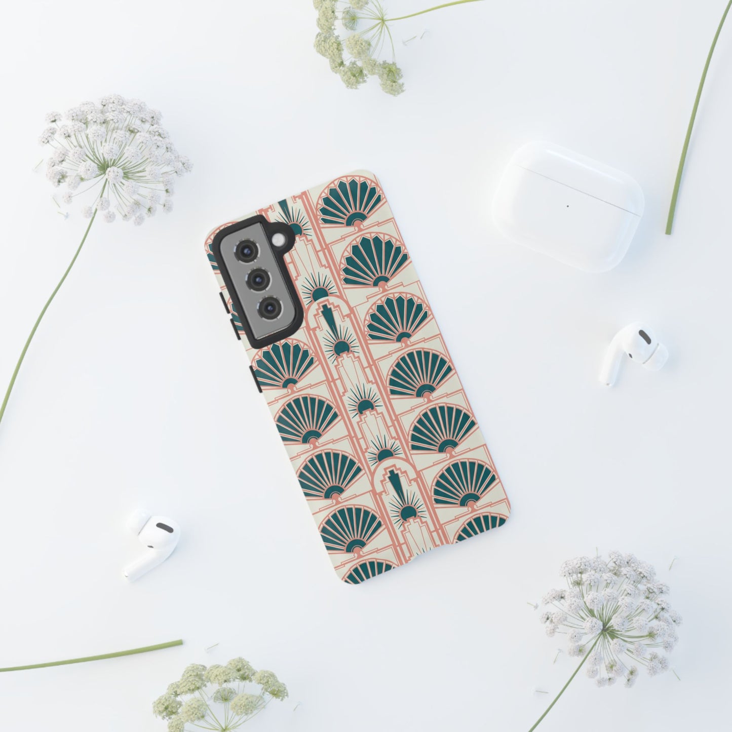 Art Deco Fan Pattern Tough Phone Case — Teal & Blush Retro Protection