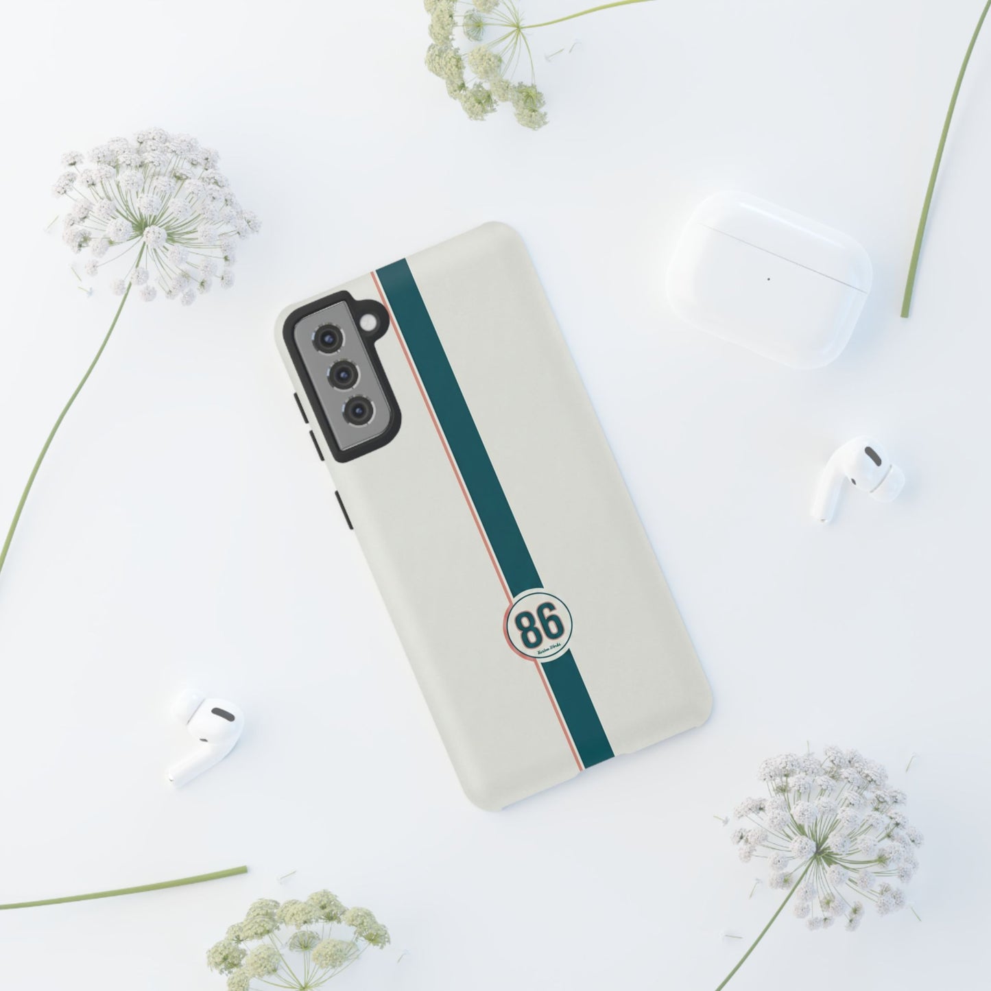 Racing Stripe Tough Phone Case — Retro White With '86 Circle Badge
