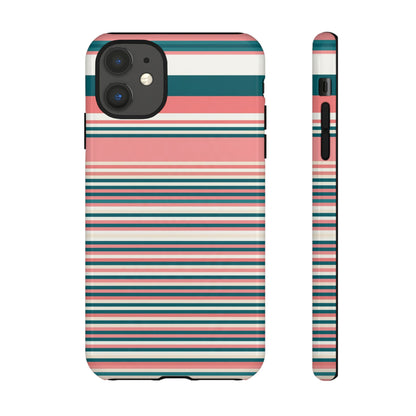 Striped Tough Phone Case — Coral, Teal & White Protective Cover