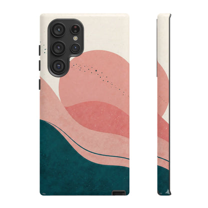 Abstract Sunset Waves Tough Phone Case — Pink & Teal Protective Cover