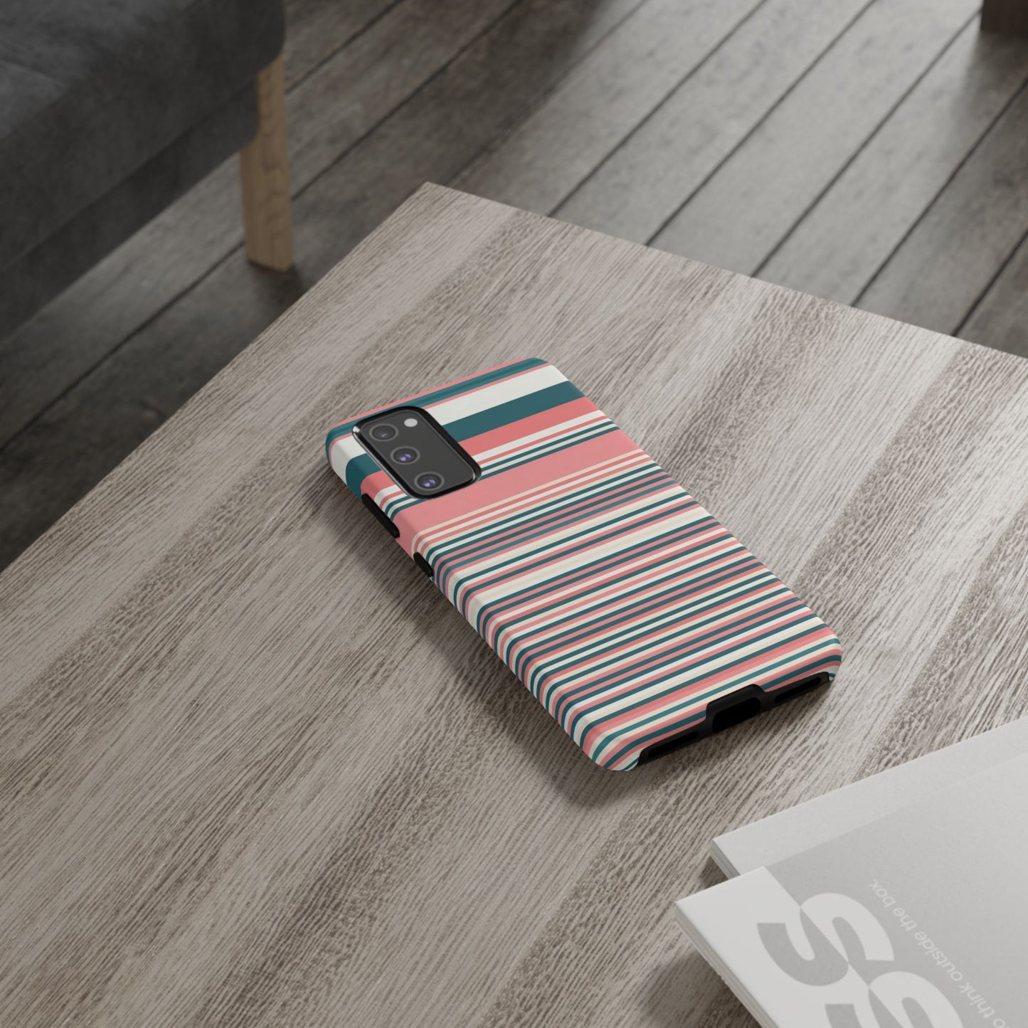 Striped Tough Phone Case — Coral, Teal & White Protective Cover