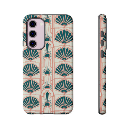 Art Deco Fan Pattern Tough Phone Case — Teal & Blush Retro Protection