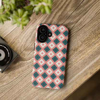 Geometric Diamond Pattern Tough Phone Case — Pink & Teal Protective Cover