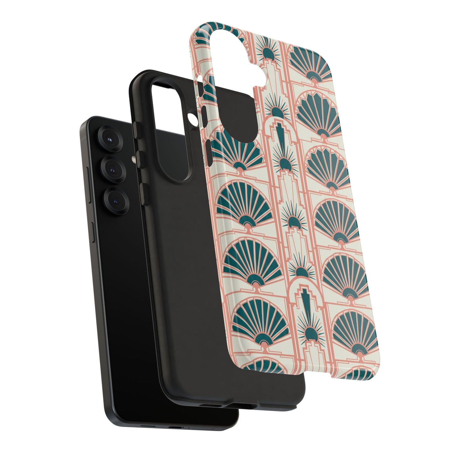 Art Deco Fan Pattern Tough Phone Case — Teal & Blush Retro Protection