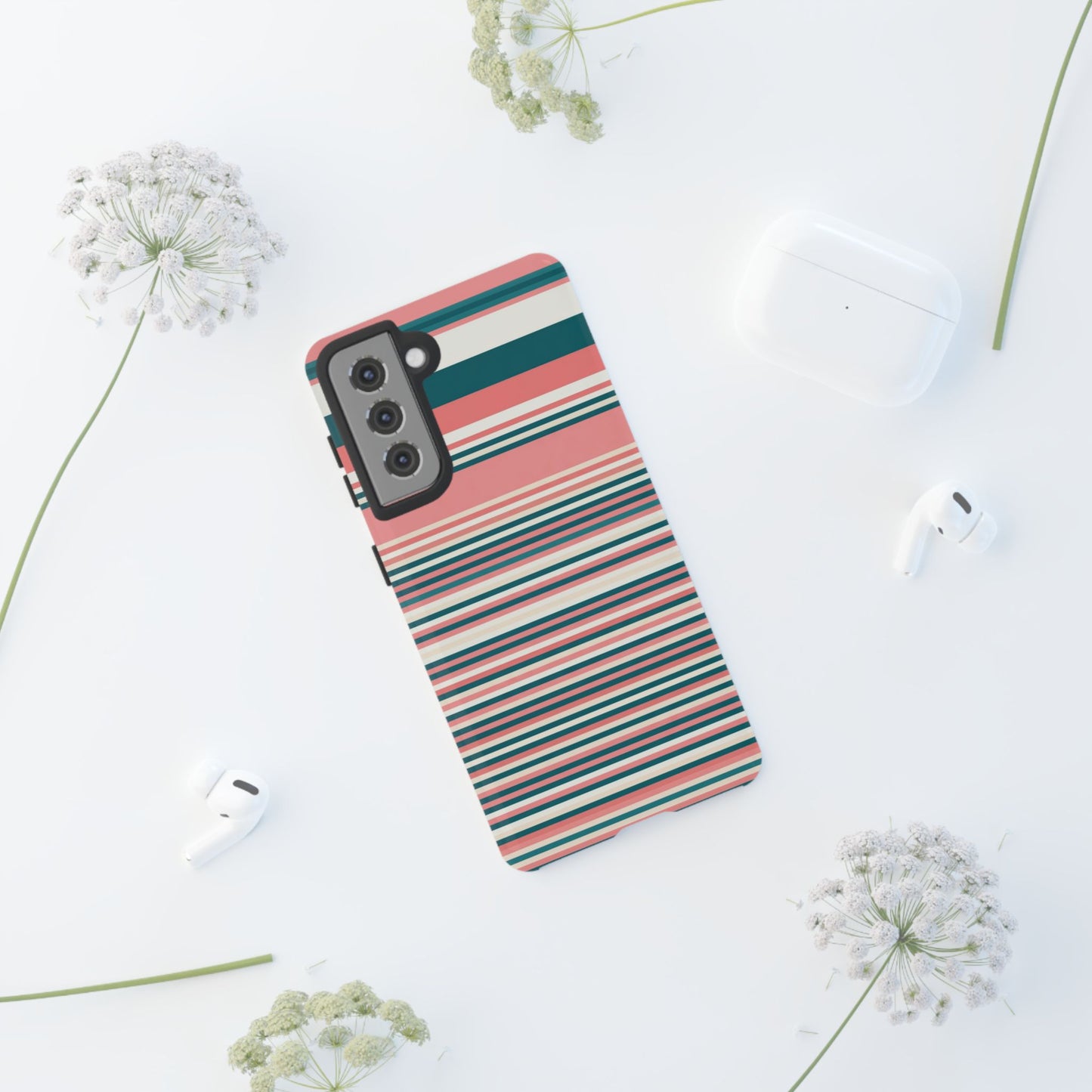 Striped Tough Phone Case — Coral, Teal & White Protective Cover