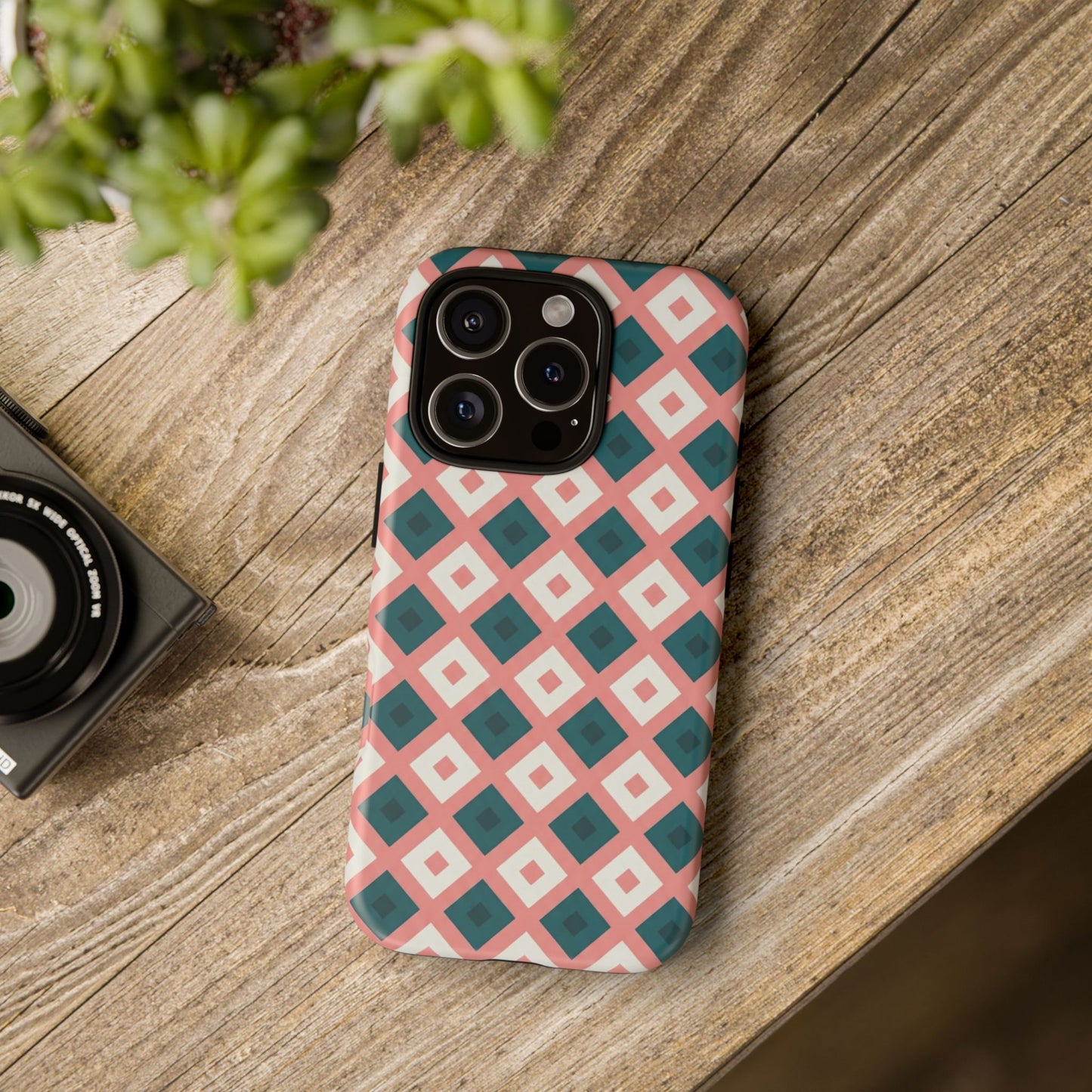 Geometric Diamond Pattern Tough Phone Case — Pink & Teal Protective Cover