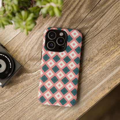 Geometric Diamond Pattern Tough Phone Case — Pink & Teal Protective Cover