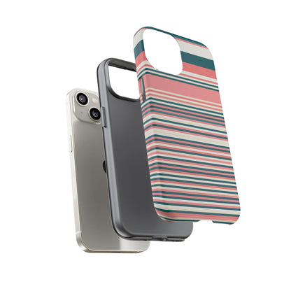 Striped Tough Phone Case — Coral, Teal & White Protective Cover