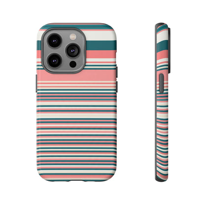 Striped Tough Phone Case — Coral, Teal & White Protective Cover