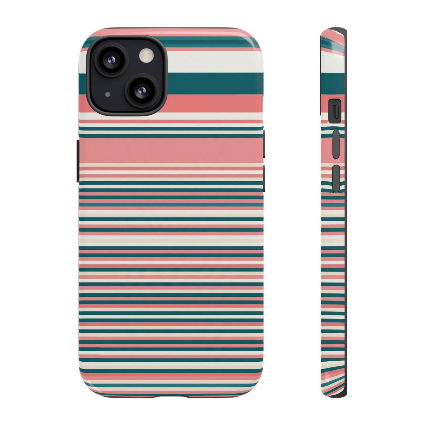 Striped Tough Phone Case — Coral, Teal & White Protective Cover