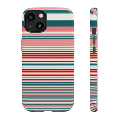 Striped Tough Phone Case — Coral, Teal & White Protective Cover