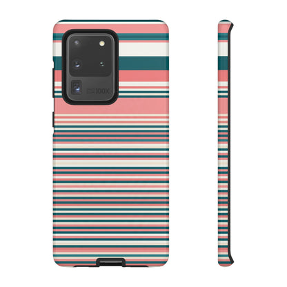 Striped Tough Phone Case — Coral, Teal & White Protective Cover