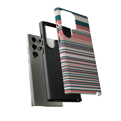 Striped Tough Phone Case — Coral, Teal & White Protective Cover