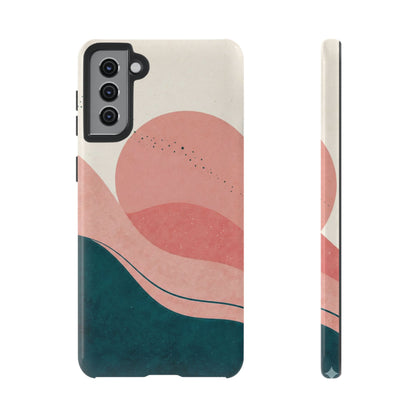 Abstract Sunset Waves Tough Phone Case — Pink & Teal Protective Cover