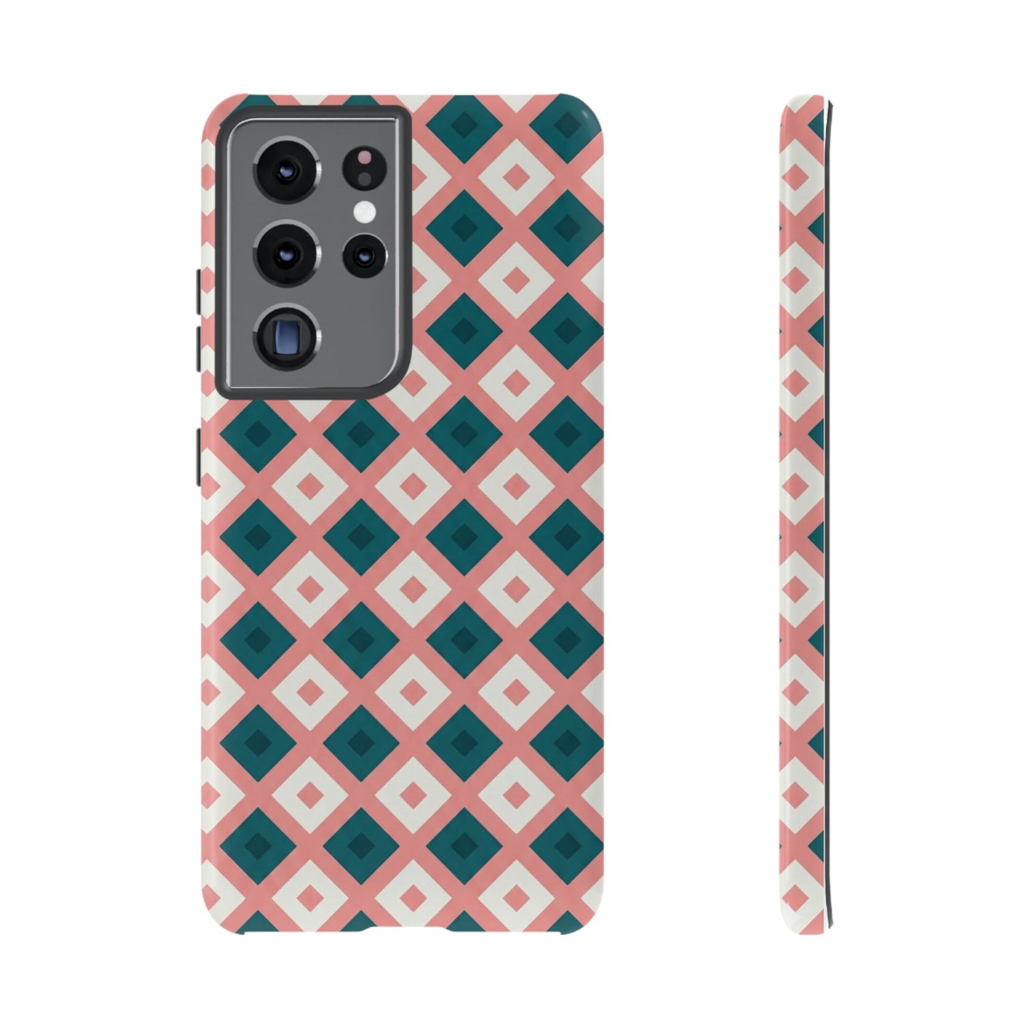 Geometric Diamond Pattern Tough Phone Case — Retro Pink & Teal Protective Cover