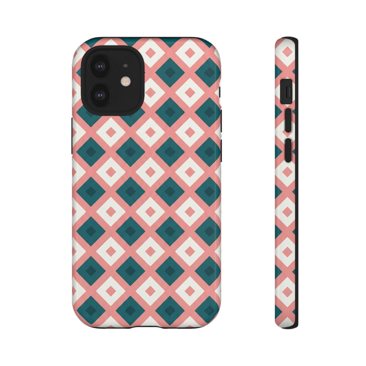 Geometric Diamond Pattern Tough Phone Case — Pink & Teal Protective Cover