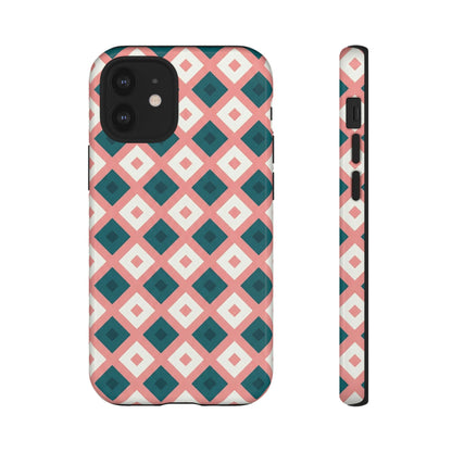 Geometric Diamond Pattern Tough Phone Case — Pink & Teal Protective Cover