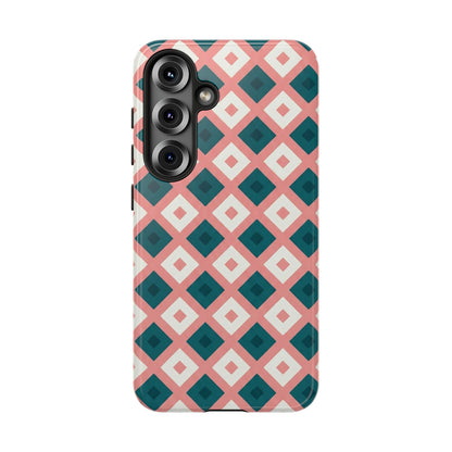 Geometric Diamond Pattern Tough Phone Case — Retro Pink & Teal Protective Cover