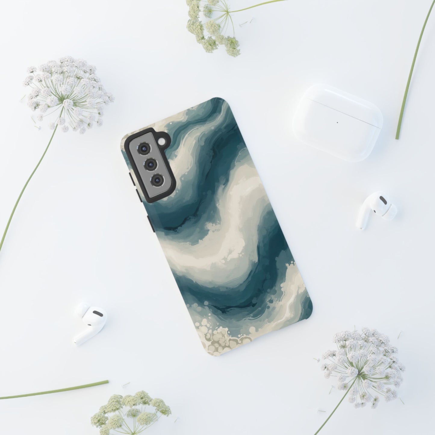Ocean Wave Marble Phone Case — Teal & Ivory Abstract Tough Case