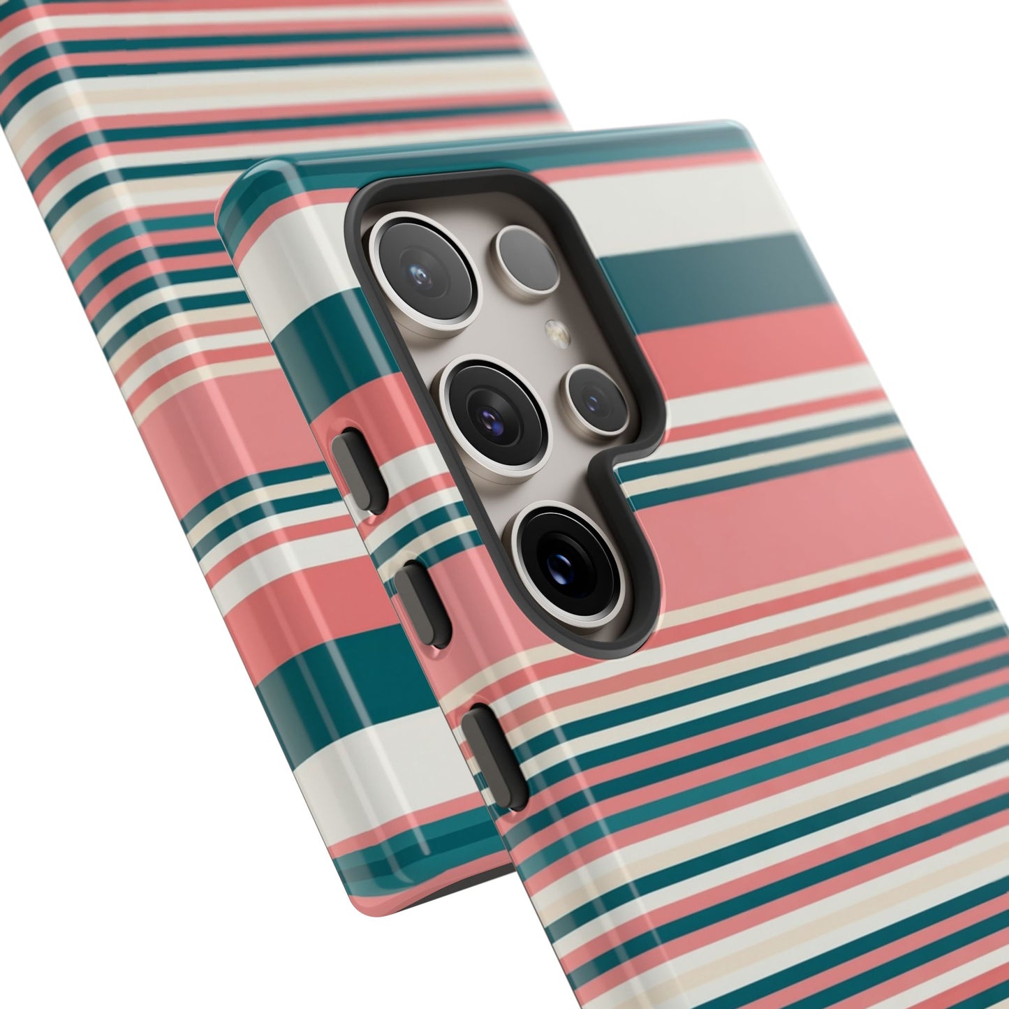 Striped Tough Phone Case — Coral, Teal & White Protective Cover