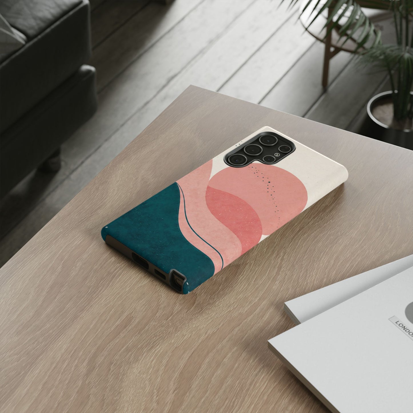 Abstract Sunset Waves Tough Phone Case — Pink & Teal Protective Cover
