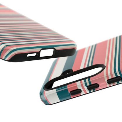 Striped Tough Phone Case — Coral, Teal & White Protective Cover