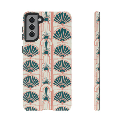 Art Deco Fan Pattern Tough Phone Case — Teal & Blush Retro Protection