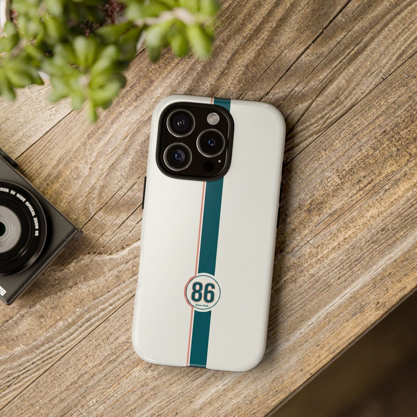 Racing Stripe Tough Phone Case — Retro White With '86 Circle Badge