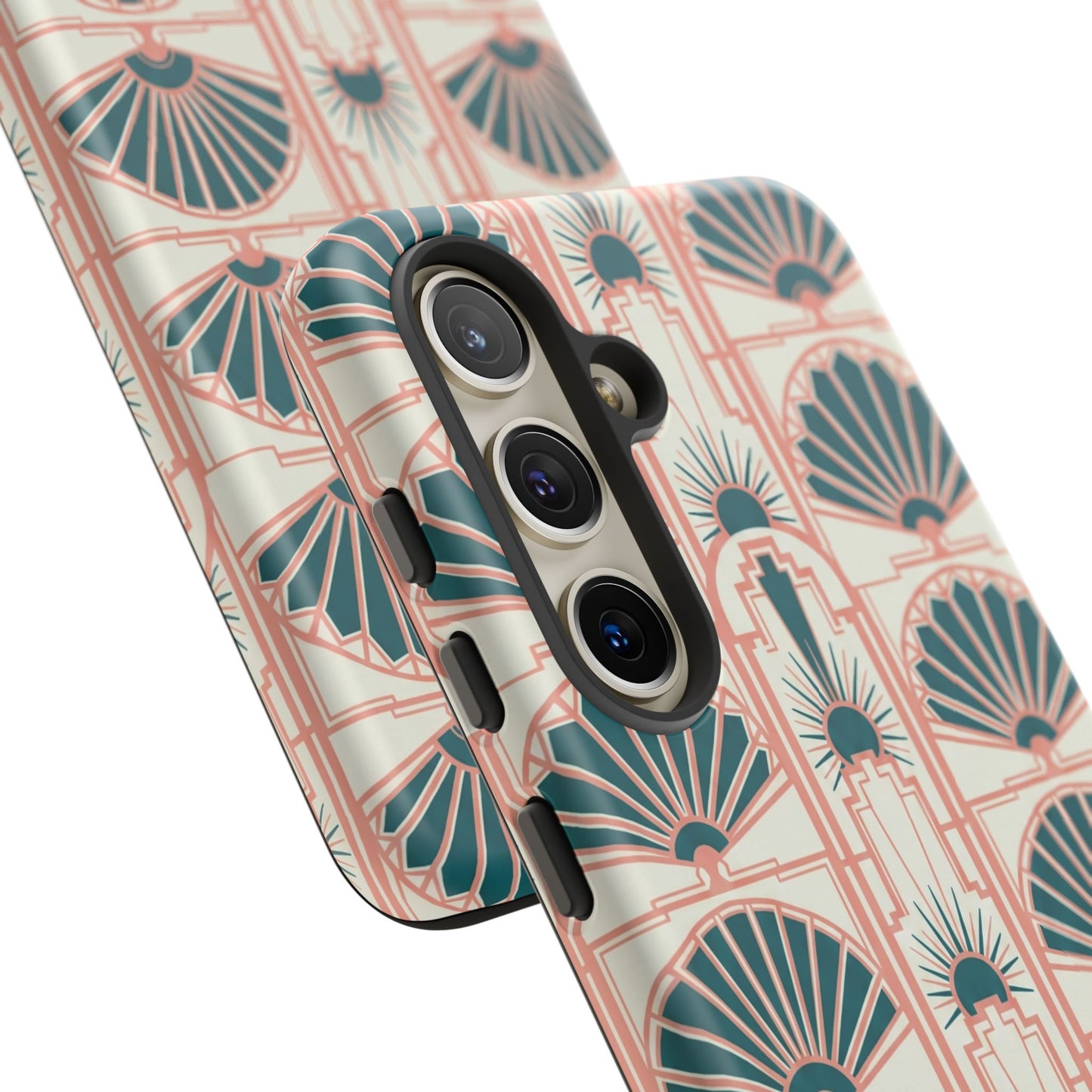 Art Deco Fan Pattern Tough Phone Case — Teal & Blush Retro Protection