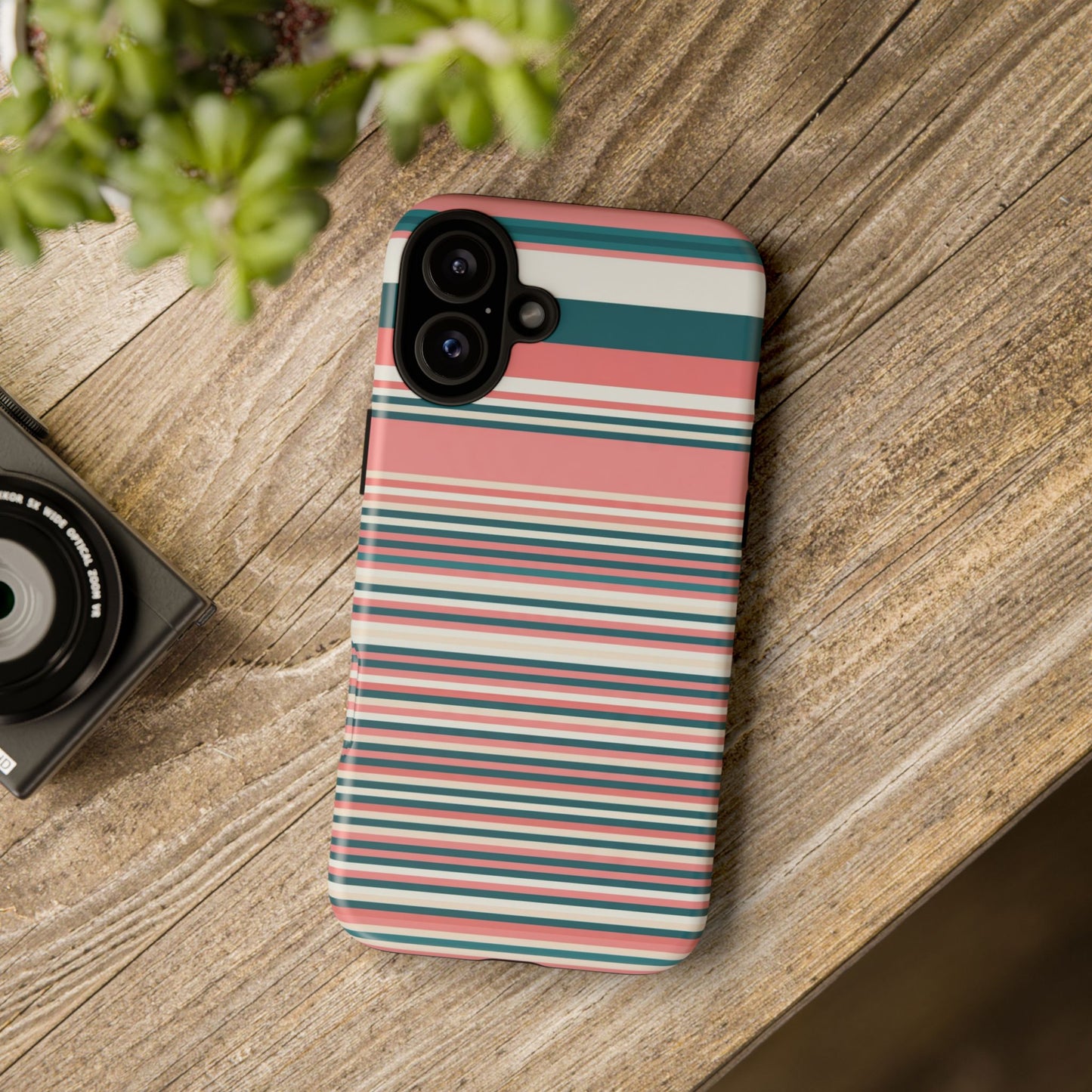 Striped Tough Phone Case — Coral, Teal & White Protective Cover