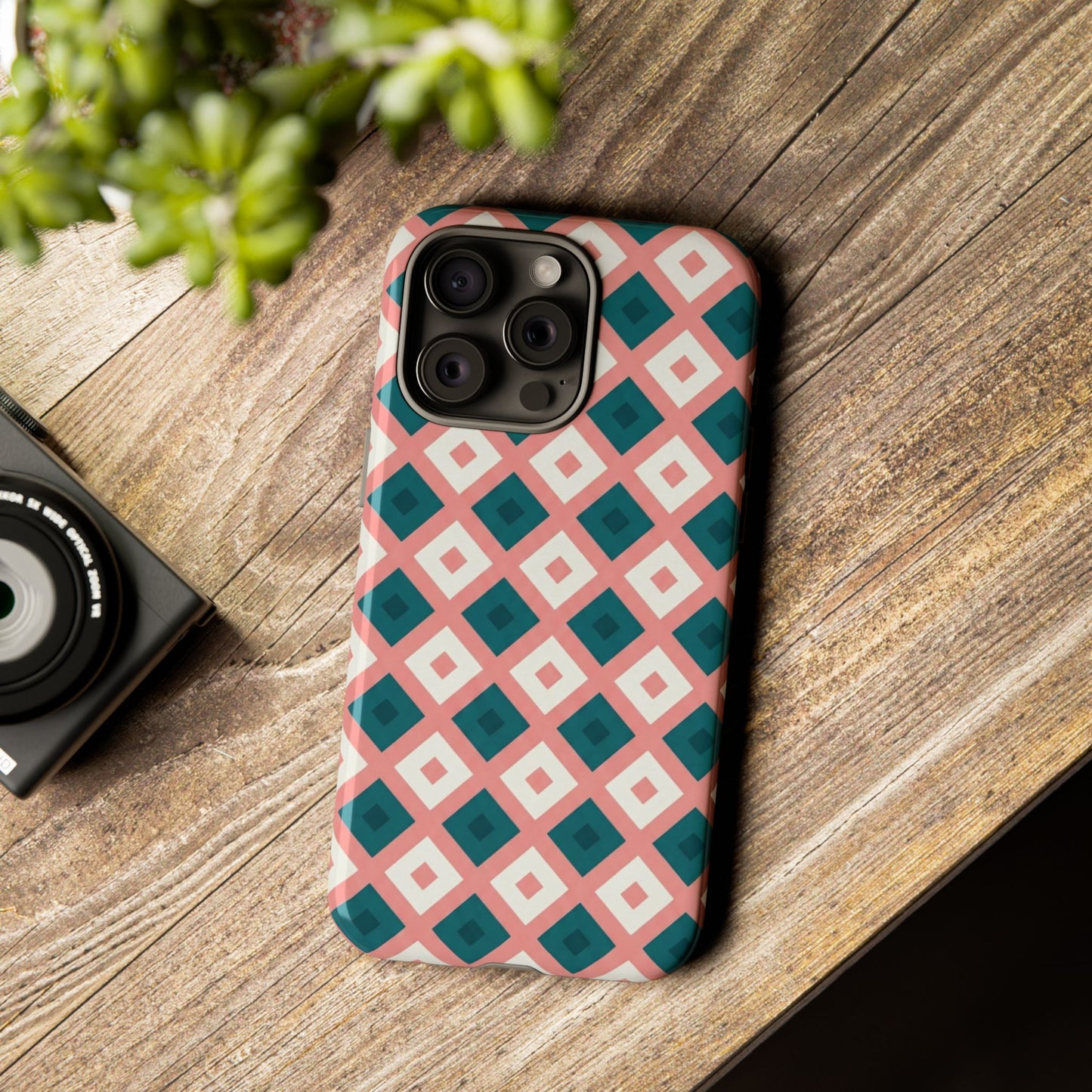 Geometric Diamond Pattern Tough Phone Case — Pink & Teal Protective Cover