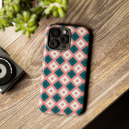 Geometric Diamond Pattern Tough Phone Case — Pink & Teal Protective Cover