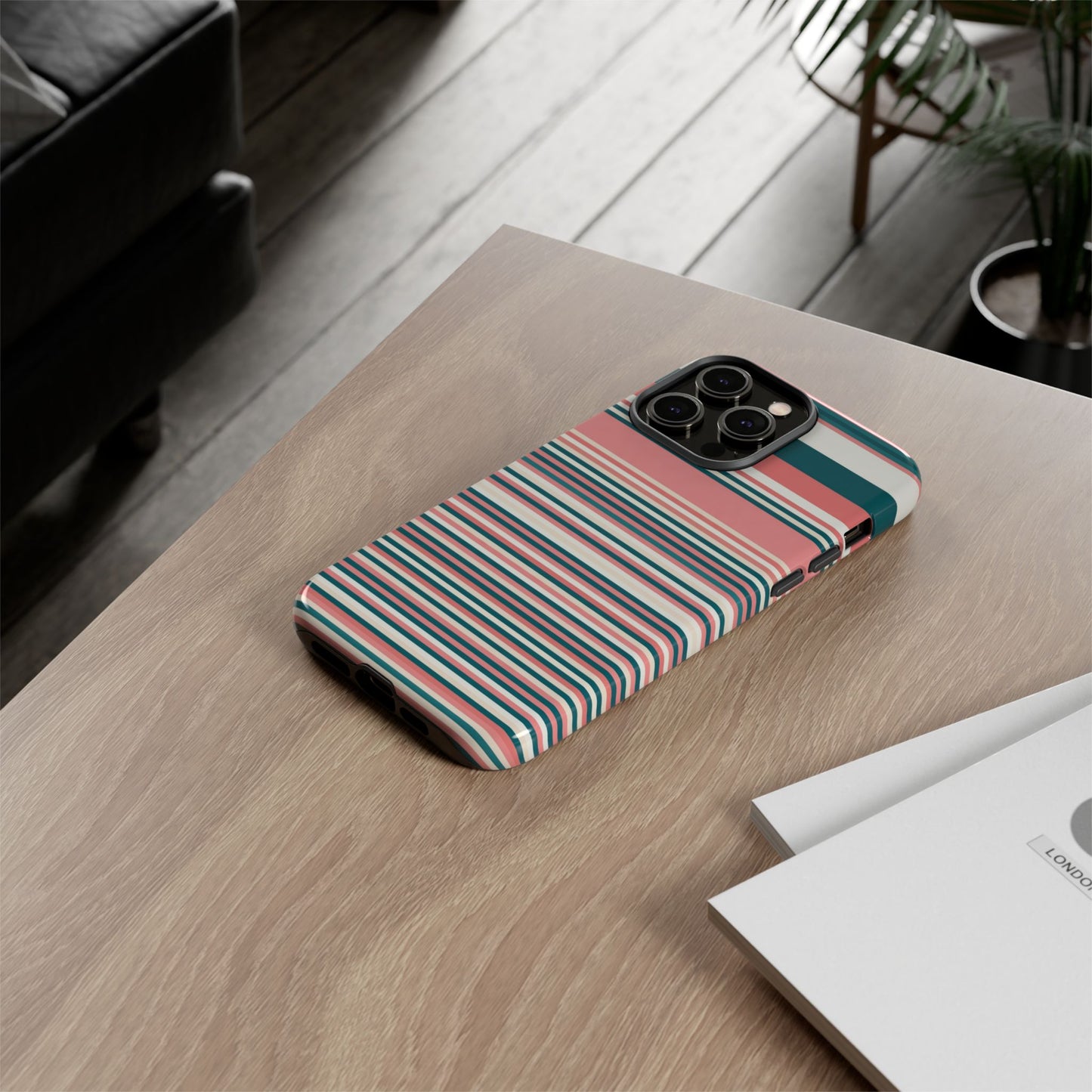 Striped Tough Phone Case — Coral, Teal & White Protective Cover
