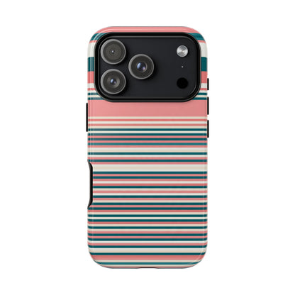 Striped Tough Phone Case — Coral, Teal & White Protective Cover
