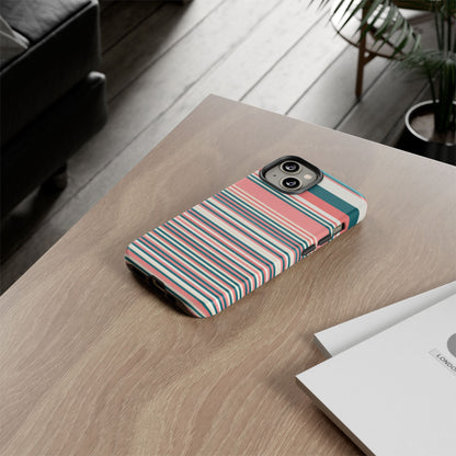 Striped Tough Phone Case — Coral, Teal & White Protective Cover