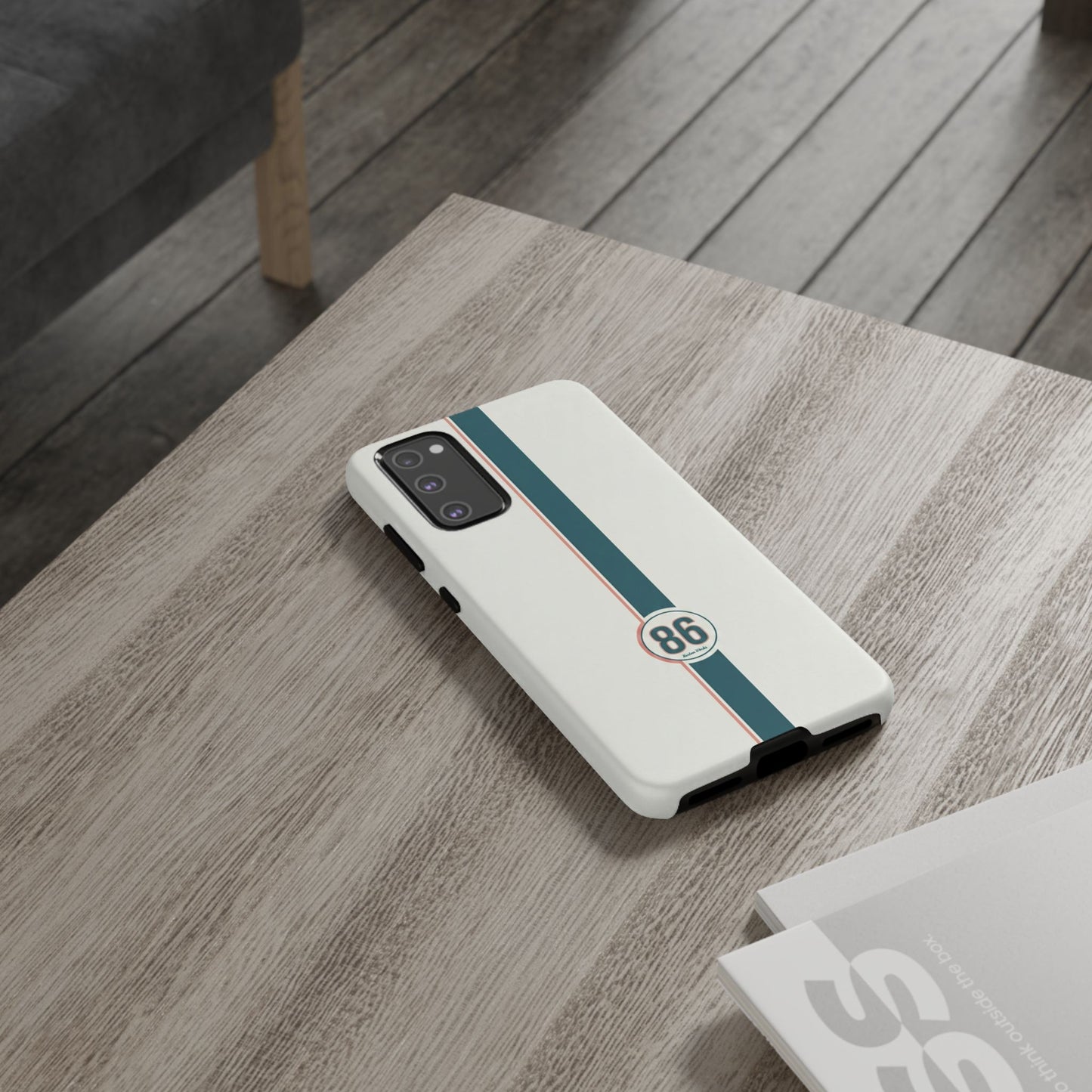 Racing Stripe Tough Phone Case — Retro White With '86 Circle Badge